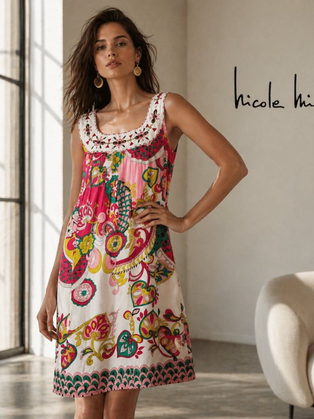 Nicole by Nicole Miller Multicolor Paisley Beaded Sleeveless Shift Dress Size 14